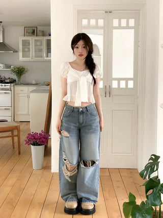 Bellus Ribbon Lovely Puff Sleeve Heart Neck Off-Shoulder Frill Cotton Crop Short Sleeve Blouse