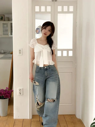 Bellus Ribbon Lovely Puff Sleeve Heart Neck Off-Shoulder Frill Cotton Crop Short Sleeve Blouse