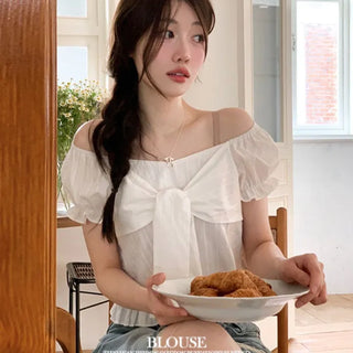 Bellus Ribbon Lovely Puff Sleeve Heart Neck Off-Shoulder Frill Cotton Crop Short Sleeve Blouse