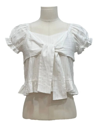 Bellus Ribbon Lovely Puff Sleeve Heart Neck Off-Shoulder Frill Cotton Crop Short Sleeve Blouse