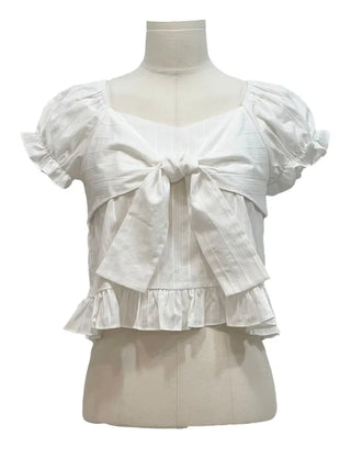 Bellus Ribbon Lovely Puff Sleeve Heart Neck Off-Shoulder Frill Cotton Crop Short Sleeve Blouse
