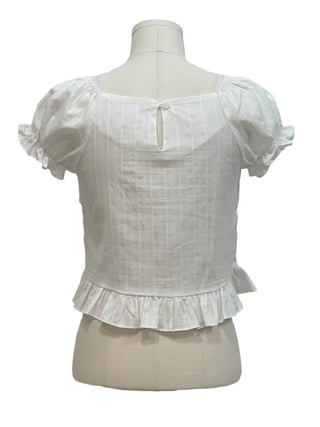 Bellus Ribbon Lovely Puff Sleeve Heart Neck Off-Shoulder Frill Cotton Crop Short Sleeve Blouse