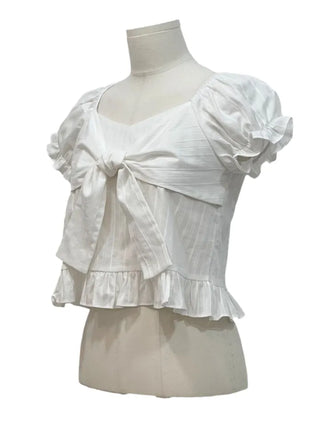Bellus Ribbon Lovely Puff Sleeve Heart Neck Off-Shoulder Frill Cotton Crop Short Sleeve Blouse