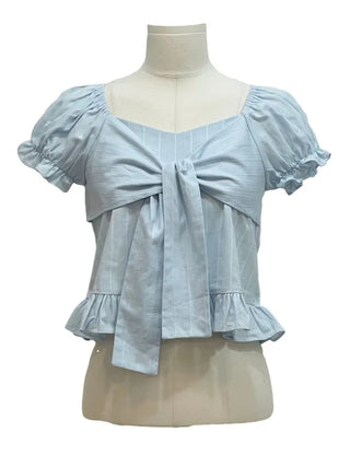 Bellus Ribbon Lovely Puff Sleeve Heart Neck Off-Shoulder Frill Cotton Crop Short Sleeve Blouse