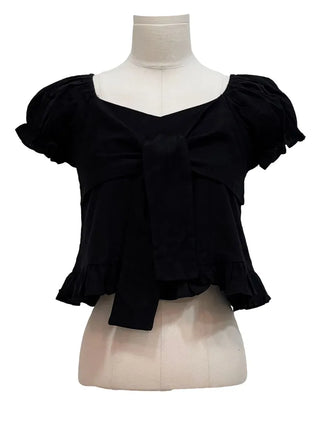 Bellus Ribbon Lovely Puff Sleeve Heart Neck Off-Shoulder Frill Cotton Crop Short Sleeve Blouse