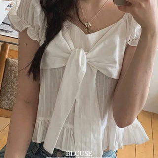 Bellus Ribbon Lovely Puff Sleeve Heart Neck Off-Shoulder Frill Cotton Crop Short Sleeve Blouse