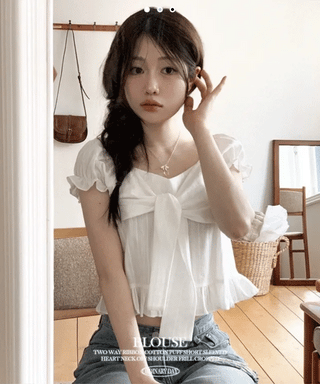 Bellus Ribbon Lovely Puff Sleeve Heart Neck Off-Shoulder Frill Cotton Crop Short Sleeve Blouse