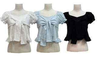 Bellus Ribbon Lovely Puff Sleeve Heart Neck Off-Shoulder Frill Cotton Crop Short Sleeve Blouse
