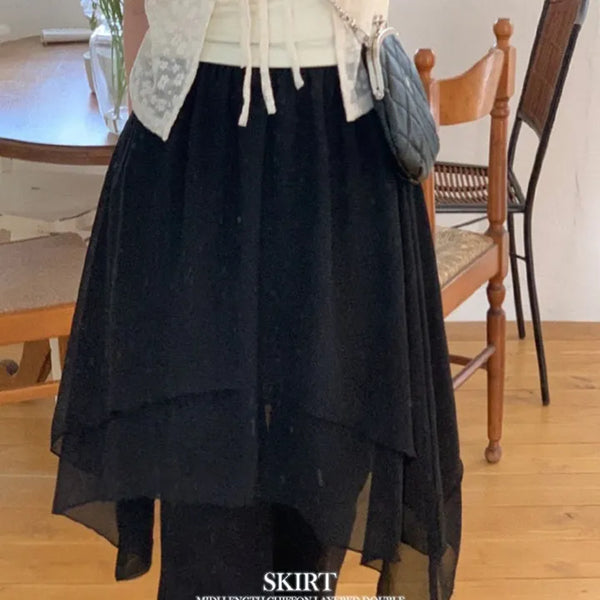 Tinel loose-fit chiffon unbalanced layered banding midi skirt