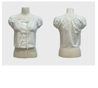 Aesiriel Vintage Lace Double Ribbon Strap Puff Square Neck Off-Shoulder Cotton Blouse
