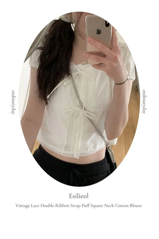 Aesiriel Vintage Lace Double Ribbon Strap Puff Square Neck Off-Shoulder Cotton Blouse