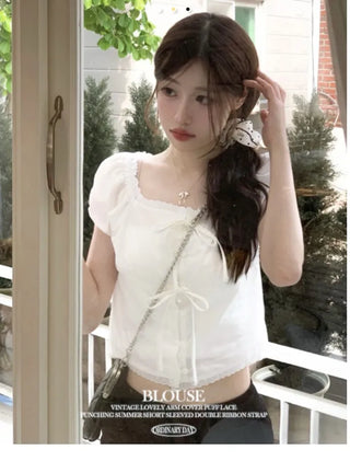 Aesiriel Vintage Lace Double Ribbon Strap Puff Square Neck Off-Shoulder Cotton Blouse