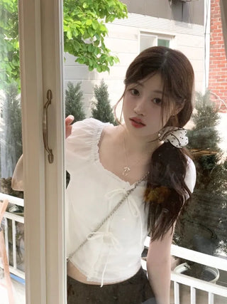 Aesiriel Vintage Lace Double Ribbon Strap Puff Square Neck Off-Shoulder Cotton Blouse