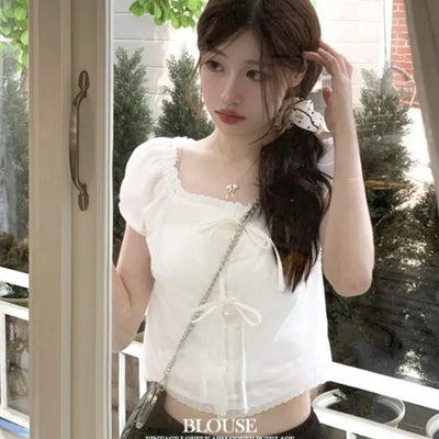 Aesiriel Vintage Lace Double Ribbon Strap Puff Square Neck Off-Shoulder Cotton Blouse
