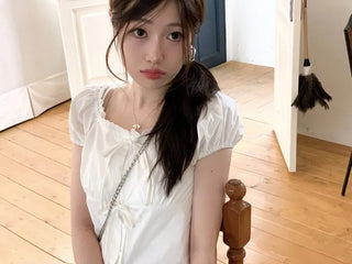 Aesiriel Vintage Lace Double Ribbon Strap Puff Square Neck Off-Shoulder Cotton Blouse