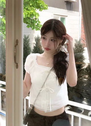 Aesiriel Vintage Lace Double Ribbon Strap Puff Square Neck Off-Shoulder Cotton Blouse