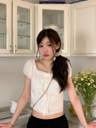 Aesiriel Vintage Lace Double Ribbon Strap Puff Square Neck Off-Shoulder Cotton Blouse
