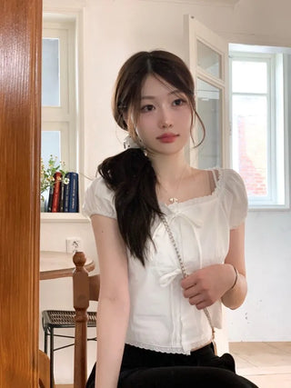 Aesiriel Vintage Lace Double Ribbon Strap Puff Square Neck Off-Shoulder Cotton Blouse