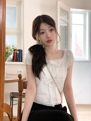 Aesiriel Vintage Lace Double Ribbon Strap Puff Square Neck Off-Shoulder Cotton Blouse