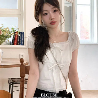 Aesiriel Vintage Lace Double Ribbon Strap Puff Square Neck Off-Shoulder Cotton Blouse