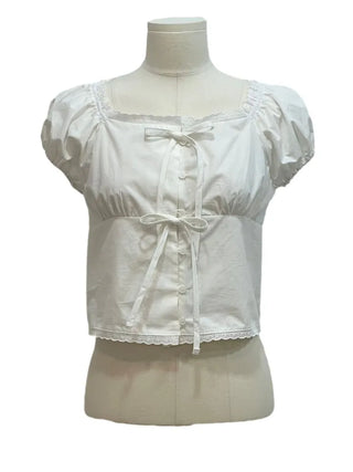 Aesiriel Vintage Lace Double Ribbon Strap Puff Square Neck Off-Shoulder Cotton Blouse