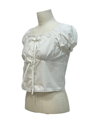 Aesiriel Vintage Lace Double Ribbon Strap Puff Square Neck Off-Shoulder Cotton Blouse