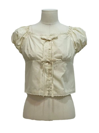 Aesiriel Vintage Lace Double Ribbon Strap Puff Square Neck Off-Shoulder Cotton Blouse