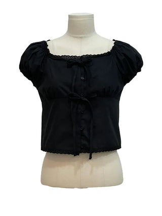 Aesiriel Vintage Lace Double Ribbon Strap Puff Square Neck Off-Shoulder Cotton Blouse