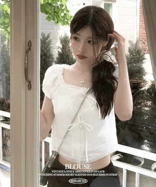 Aesiriel Vintage Lace Double Ribbon Strap Puff Square Neck Off-Shoulder Cotton Blouse