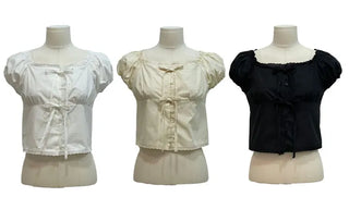 Aesiriel Vintage Lace Double Ribbon Strap Puff Square Neck Off-Shoulder Cotton Blouse