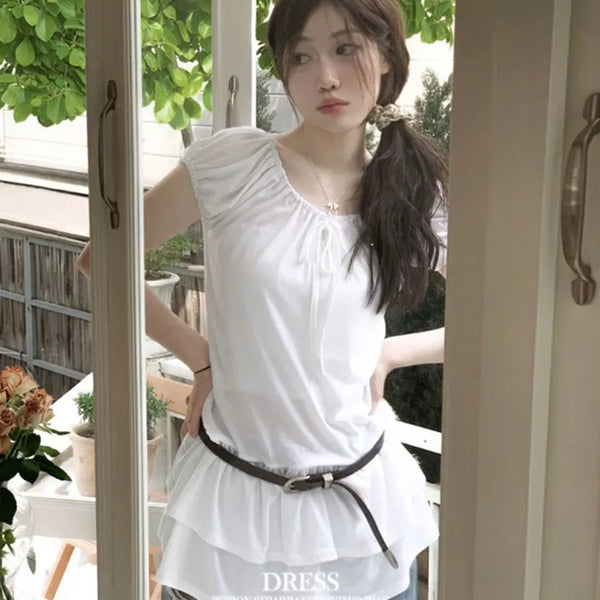 Myle Ribbon Banding Puff Short-Sleeve Cancan Mini Dress