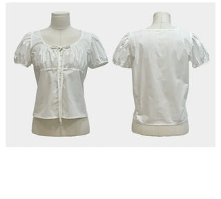 Annika Ribbon Shirring Slit Puff Short Sleeve Blouse