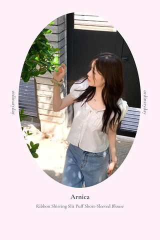 Annika Ribbon Shirring Slit Puff Short Sleeve Blouse