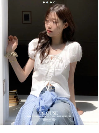 Annika Ribbon Shirring Slit Puff Short Sleeve Blouse
