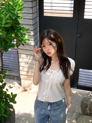 Annika Ribbon Shirring Slit Puff Short Sleeve Blouse