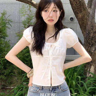 Annika Ribbon Shirring Slit Puff Short Sleeve Blouse