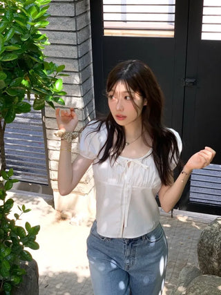 Annika Ribbon Shirring Slit Puff Short Sleeve Blouse