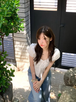 Annika Ribbon Shirring Slit Puff Short Sleeve Blouse