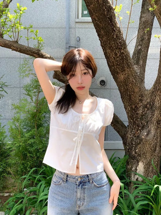 Annika Ribbon Shirring Slit Puff Short Sleeve Blouse