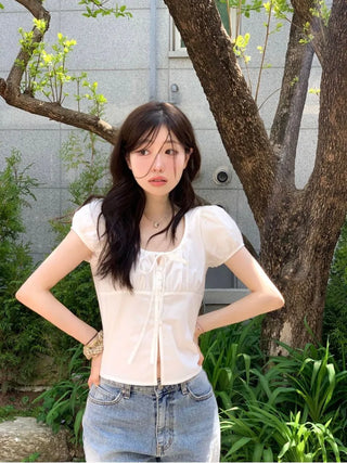Annika Ribbon Shirring Slit Puff Short Sleeve Blouse