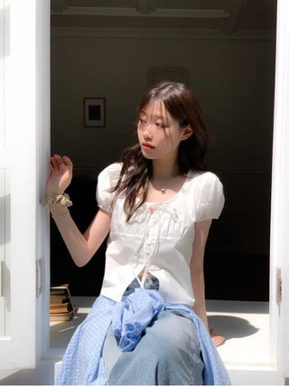 Annika Ribbon Shirring Slit Puff Short Sleeve Blouse