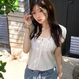 Annika Ribbon Shirring Slit Puff Short Sleeve Blouse