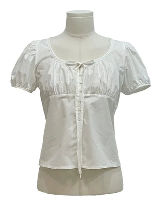 Annika Ribbon Shirring Slit Puff Short Sleeve Blouse