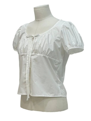 Annika Ribbon Shirring Slit Puff Short Sleeve Blouse