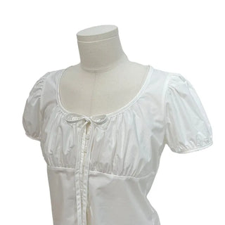Annika Ribbon Shirring Slit Puff Short Sleeve Blouse