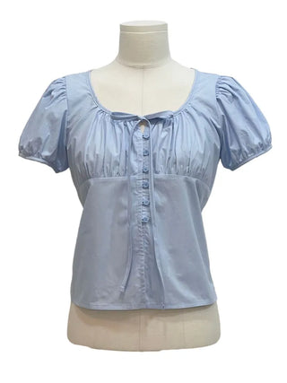 Annika Ribbon Shirring Slit Puff Short Sleeve Blouse