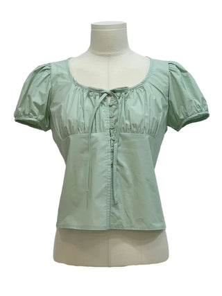 Annika Ribbon Shirring Slit Puff Short Sleeve Blouse