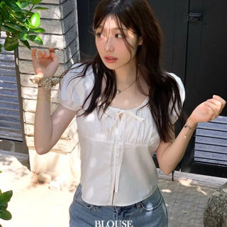 Annika Ribbon Shirring Slit Puff Short Sleeve Blouse