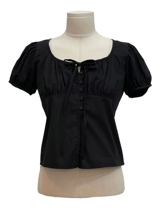 Annika Ribbon Shirring Slit Puff Short Sleeve Blouse