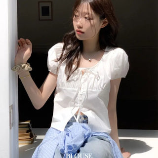 Annika Ribbon Shirring Slit Puff Short Sleeve Blouse
